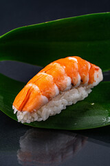 Fresh Shrimp Nigiri on Leaf Mat