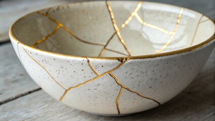 Ceramic bowl repaired with gold, showcasing the art of kintsugi on a wooden surface.