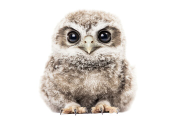 Naklejka premium Adorable fluffy animal isolated on transparent background its large eyes and detailed feathers highlighted against the dark backdrop