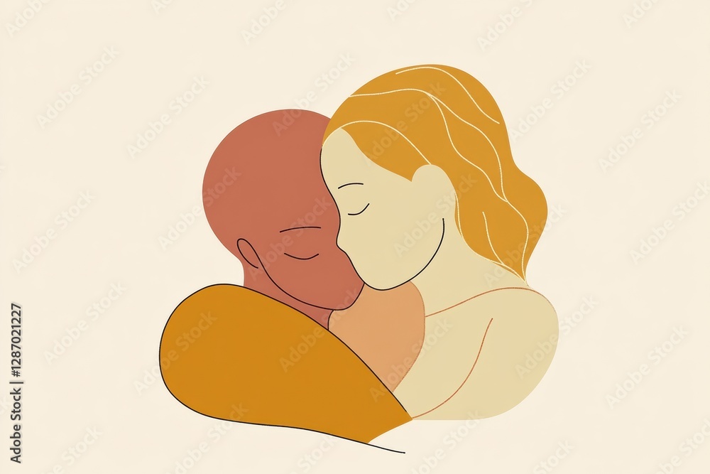 Poster minimalist illustration depicting two people embracing in a warm and affectionate moment of connecti