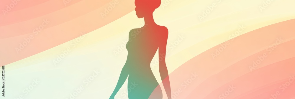 Poster minimalist silhouette of a slim female form emphasizing waistline in soft pastel colors and smooth c