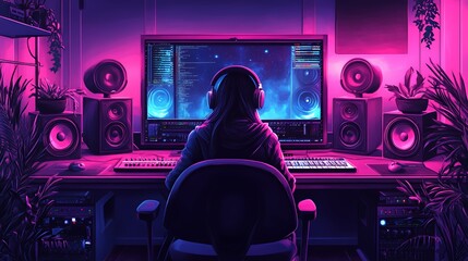 Person Immersed in Music Production at a Well-Equipped Home Studio With Vibrant Lighting During Nighttime