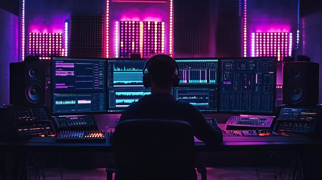 Creative Audio Engineer Working in a Modern Studio With Multiple Monitors Showcasing Sound Waves and Digital Audio Tracks