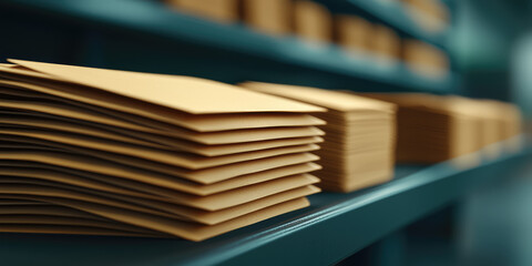 Enveloping machine at the lettershop prepare and process letters or mailings. Post office or print shop. Lettershop or bookbinder manufacture. 