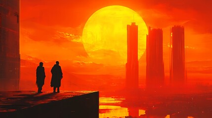 Fototapeta premium Two Silhouetted Figures Overlooking a Futuristic Cityscape at Sunset With Towering Buildings and a Vibrant Orange Sun