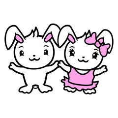 2 Rabbits Two Girlfriend Love Couple In Love Cute Design Lover Art Vector Illustration Card T-Shirt Poster Sticker Graphic Print Decorative Drawing Isolated Logo Decoration Symbol Creative Cool Style
