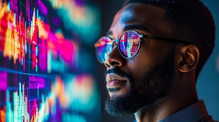 Technology Enthusiast Analyzes Financial Data Displayed on Vibrant Digital Screens During a Late Evening Session