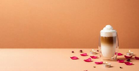 Сold latte topped with a whipped cream and delicate rose petals