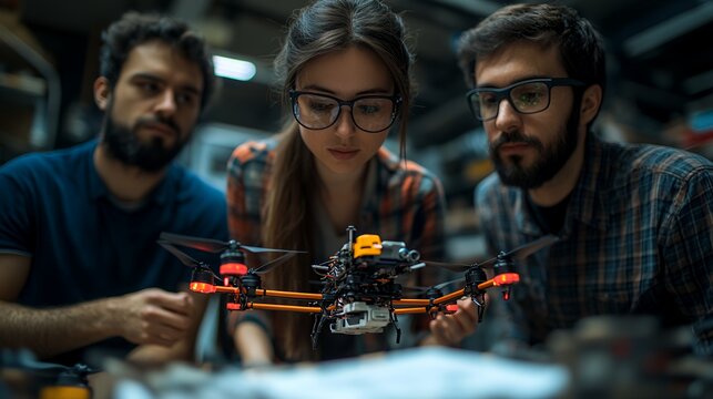 Group of Enthusiasts Working on a Drone in a Workshop During an Evening Session Focused on Technology and Innovation