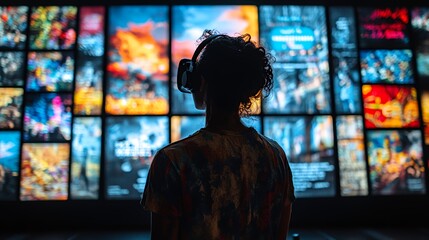 Obraz premium Individual Observing Digital Art Displays in a Modern Exhibition Space During a Vibrant Evening Event