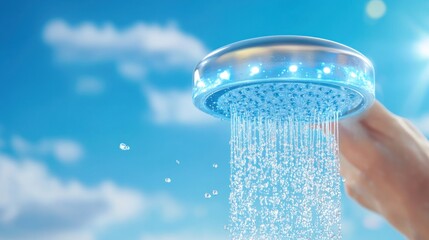 Fototapeta na wymiar Using Rainfall Shower Head with Blue Sky Background for Cleanliness