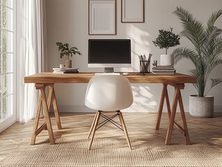 Modern Home Office Setup Featuring a Wooden Desk, Computer, and Indoor Plants by a Sunny Window in a Serene Environment