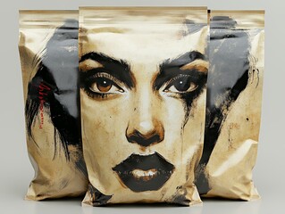 Unique Artistic Packaging Featuring Striking Female Portrait on Coffee Bags in a Neutral Setting