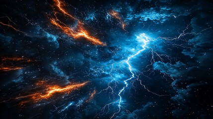 Fototapeta premium Dramatic lightning storm with electric bolts illuminating dark clouds, intense thunderstorm atmosphere, nature’s raw power, striking weather phenomenon