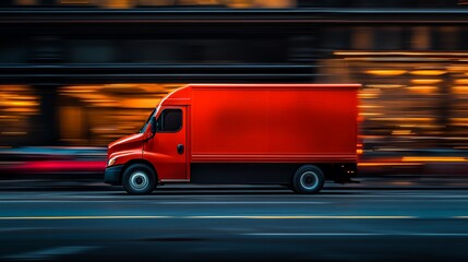 Red Delivery Truck Speeds Through City Streets at Dusk, Blurring Lights Creating a Dynamic Urban Atmosphere