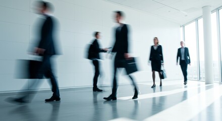 Blurred motion of professionals walking in a modern office building corridor
