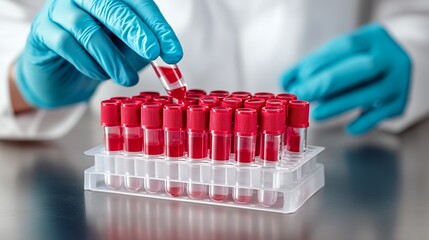 Researcher Organizes Blood Sample Vials in a Laboratory Setting While Wearing Protective Gloves and Preparing for Analysis