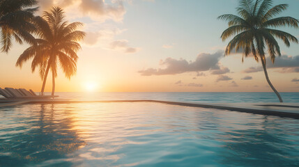 A paradise island with a luxurious infinity pool overlooking the ocean palm trees swaying in the warm breeze.