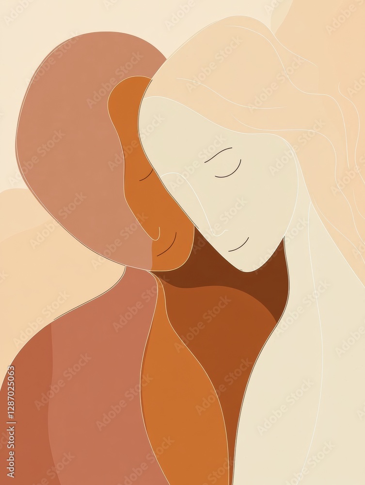 Poster two people sharing a warm hug in a minimalist style illustration for conveying love and connection. 
