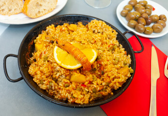 Paella with seafood - traditional Spanish dish. High quality photo