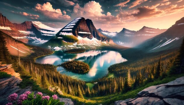 Hidden lake reflecting colorful sunset clouds in glacier national park