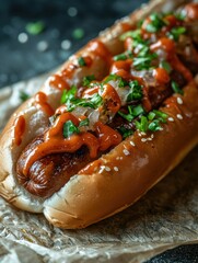 Grilled hot dog in a soft bun, topped with ketchup and  mustard showcasing a classic American comfort food.