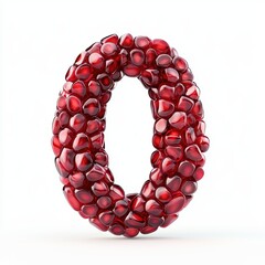 Number 0 made of juicy pomegranate seeds with deep ruby-red color and glossy reflections isolated on a clean white background