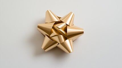 Gold Star Shaped Ribbon Bow on White Background
