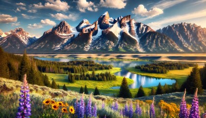 Grand teton national park wyoming showing snake river overlook with blooming wildflowers