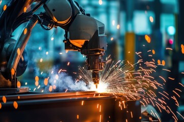 Robotic arm performs precision metal cutting in a vibrant industrial workshop filled with sparks at night