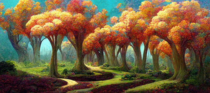 Enchanting Autumn forest landscape with trees and rustic orange and yellow leaves, artistic nature aesthetic wonderland with spellbinding beauty