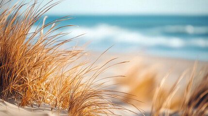 Scenic beach landscape with golden dune grass swaying in the breeze, blurred ocean waves in the background, tranquil seaside nature scene, coastal serenity