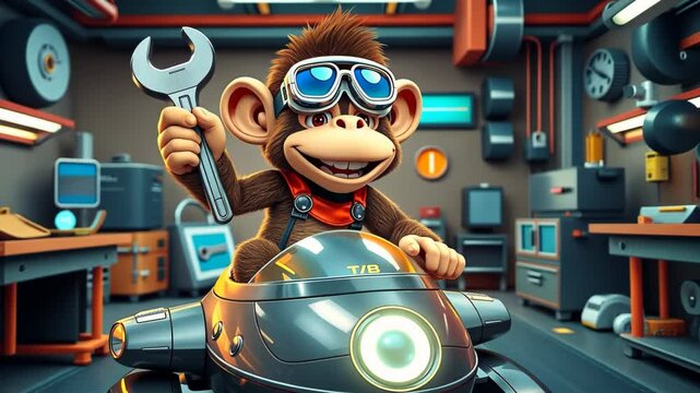 Cartoon Monkey Mechanic with Goggles Rides Silver Vehicle Holding Wrench in Gray Blue Garage with Tools and Equipment