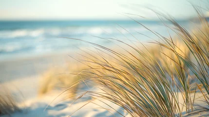 Papier peint photo Herbes des dunes Scenic beach landscape with golden dune grass swaying in the breeze, blurred ocean waves in the background, tranquil seaside nature scene, coastal serenity  © TyliJura