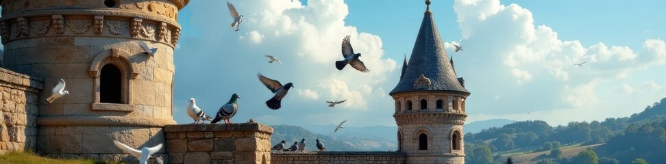 Fototapeta premium Pigeons fly around a stone dovecote with intricate carvings, dovecote, old building, nature