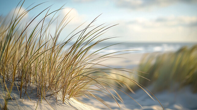 Scenic beach landscape with golden dune grass swaying in the breeze, blurred ocean waves in the background, tranquil seaside nature scene, coastal serenity