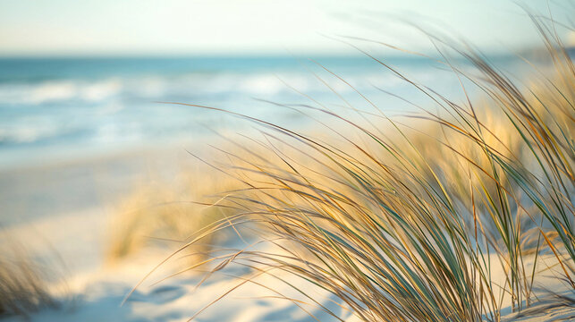 Scenic beach landscape with golden dune grass swaying in the breeze, blurred ocean waves in the background, tranquil seaside nature scene, coastal serenity - Powered by Adobe