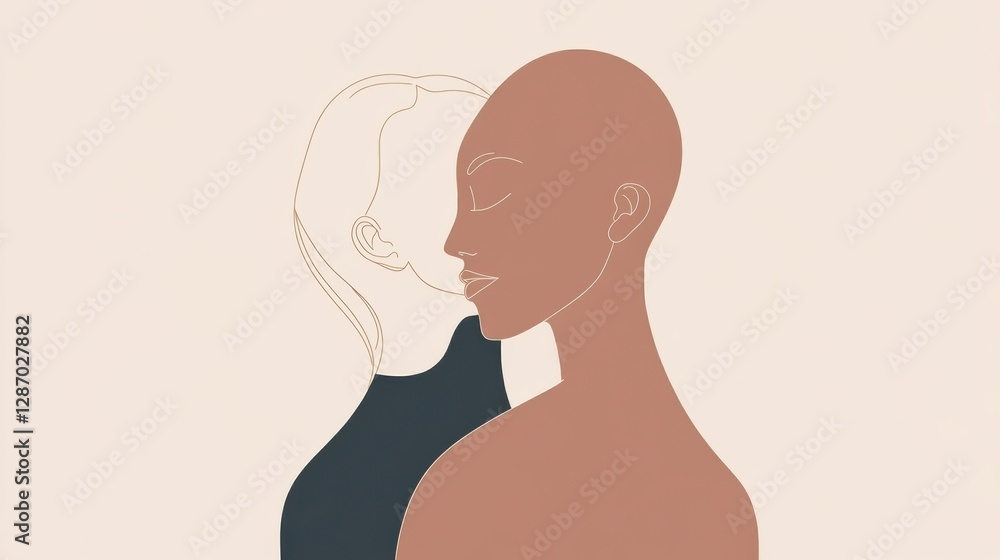 Aufkleber Illustration of two people embracing in a minimalist style with a subtle background capturing a moment of connection. Generative AI