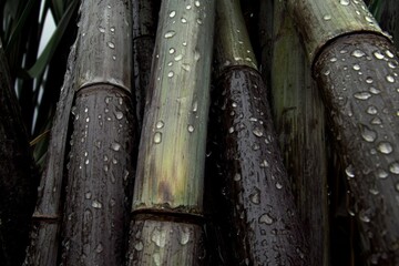 Fototapeta premium Sugarcane stalks are clustered together, reflecting raindrops that have settled on their surface. The setting is a rural area, capturing the essence of a rainy day. Generative AI