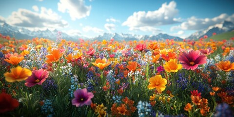 Fototapeta premium Vibrant Wildflower Meadow with Majestic Mountain backdrop