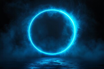 Glowing blue neon circle ring reflected in dark water at night. Mystical portal effect with fog and smoke. Abstract futuristic geometric shape for sci fi design concept