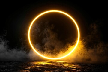 Solar eclipse reflection over dark ocean water with glowing ring effect and misty clouds. Natural astronomical phenomenon with golden light circle in night sky