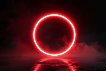Glowing red neon circle reflection on dark water surface at night. Mystical ring light installation above ocean with clouds. Futuristic minimal art concept