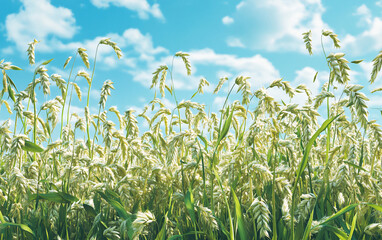 Obraz premium Close-up of oat plants in a vast field under a bright blue sky, golden grain swaying in the wind, agricultural farming landscape, organic crop cultivation