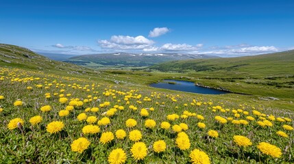 Obraz premium Mountain meadow wildflowers, lake, valley view, summer