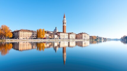 Fototapeta premium Calm river reflecting autumnal city skyline
