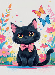 cute black cat and butterfly