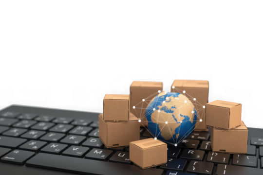 International shipping and logistics concept, cardboard boxes on laptop keyboard with earth globe
