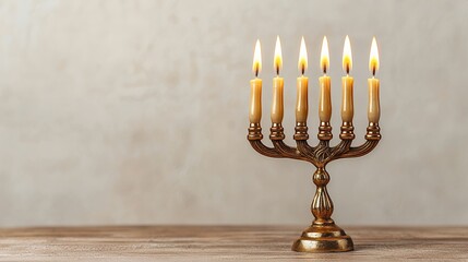 Fototapeta premium Gold Menorah with Seven Lit Candles on Wooden Table