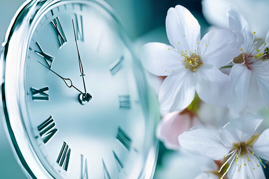 Spring forward. Time change in spring. Daylight saving time. Vintage clock and tiny spring blooming tree branches. Clock turn forward one hour in spring
